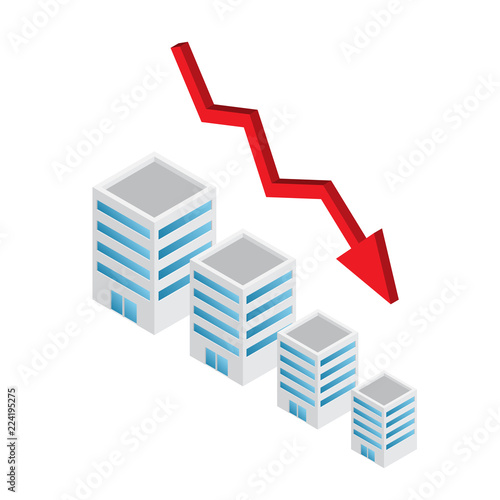 Down trend of real estate value with arrow, isometric infographic vector