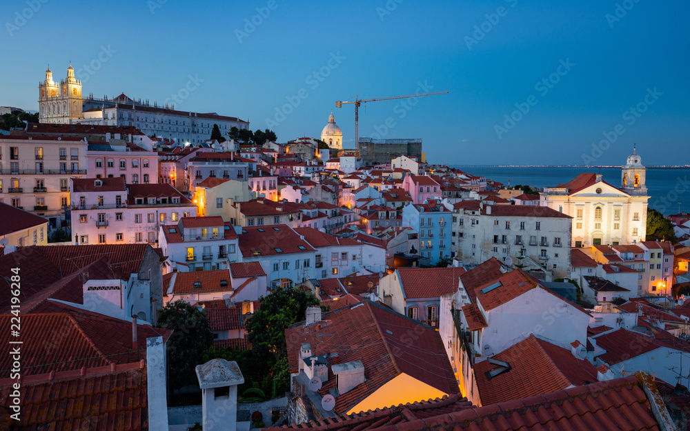 Aerial view of Lisbon's historical centre at nightfall