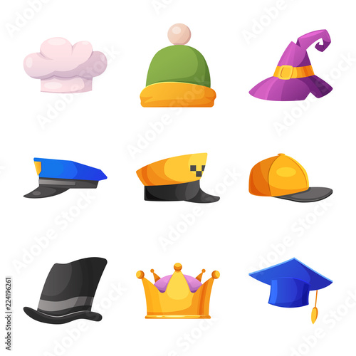 Vector illustration of headgear and cap logo. Set of headgear and accessory vector icon for stock.