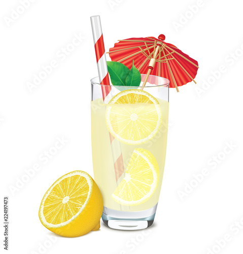 Transparent glass of lemonade with lemons, leafs, umbrella and straw. Vector illustration