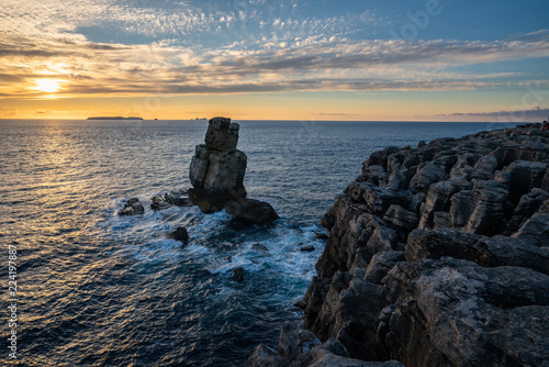 The Nau dos Corvos rock (Carrack of Crows) on the Atlantic coast seen from Cabo Carvoeiro in Peniche, Portugal