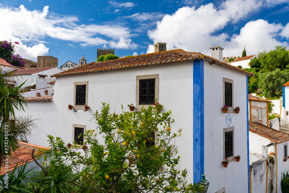 Fototapeta premium Old white town house in Obidos, Portugal, with lemon tree in foreground