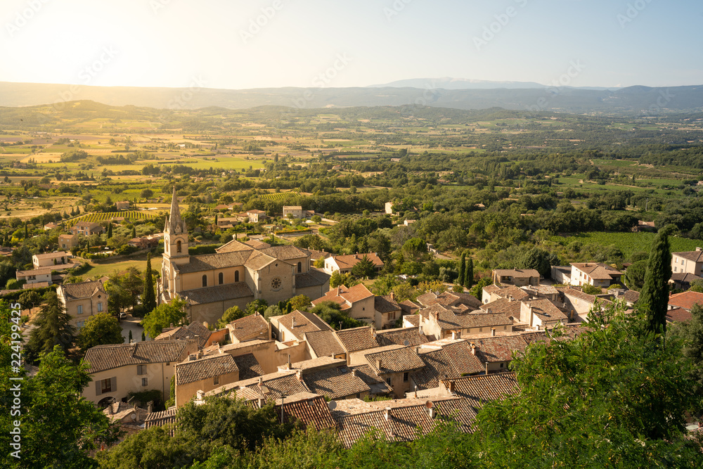 Aerial view of medieval town Bonnieux with surrounding fields, Provence, France