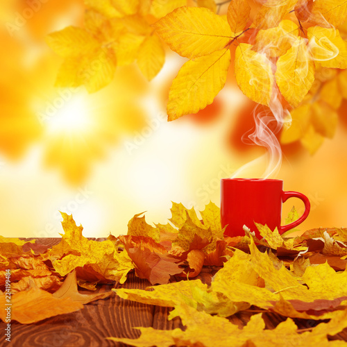 Autumn leaves and red cup of coffee .