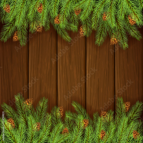 Brown Wooden Background with Fir Tree Branches