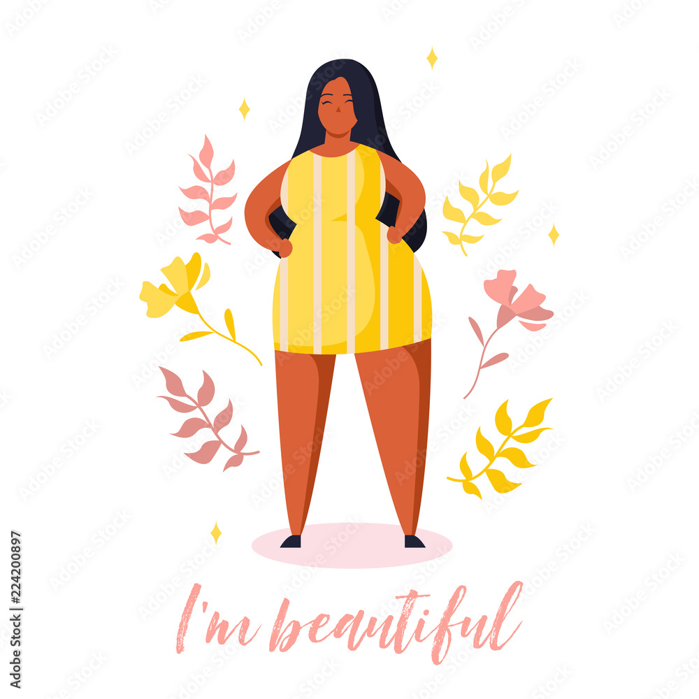 Confident plus size girl. Body positive card with plants and lettering in trendy flat style. Text i'm beautiful Confident plus size girl. Body positive card with plants and lettering in trendy flat style. Text i'm beautiful