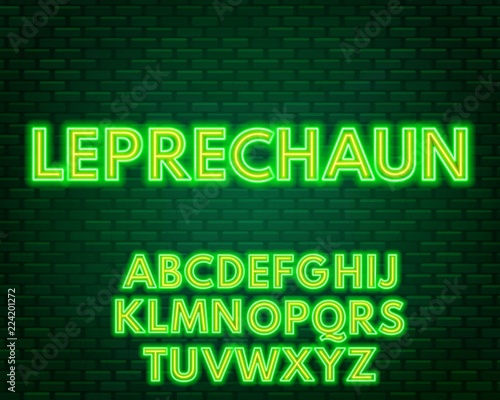 Green yellow neon alphabet on a dark background . Capital letter.