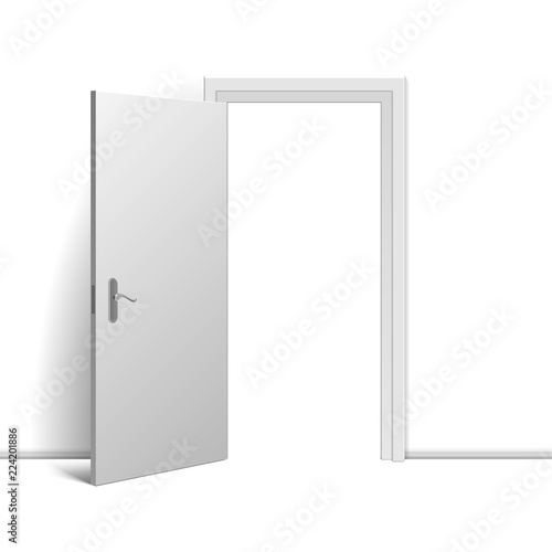 Realistic open door on white background