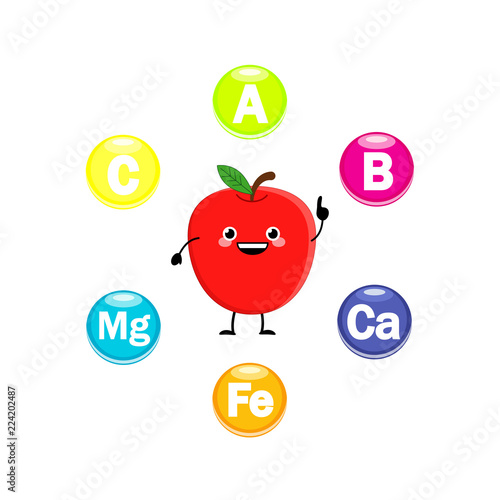 Cute cartoon apple characters with vitamins symbol vector illust