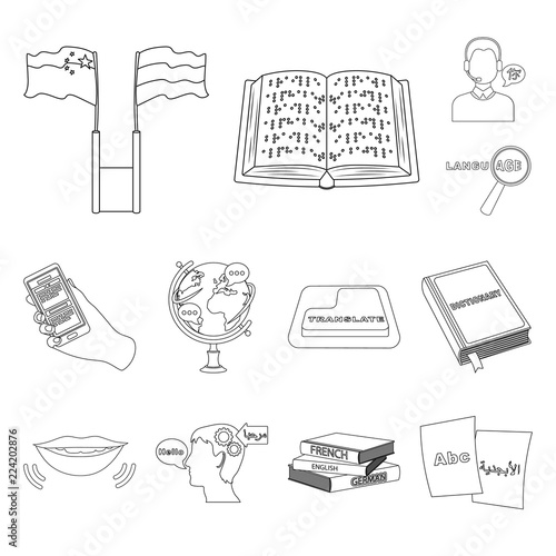 Translator and linguist outline icons in set collection for design. Interpreter vector symbol stock web illustration.