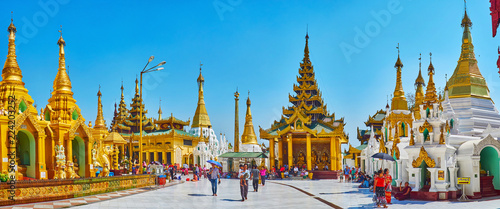 Panorama of Shwedagon Zedi Daw with ornate image house, Yangon, Myanmar photo
