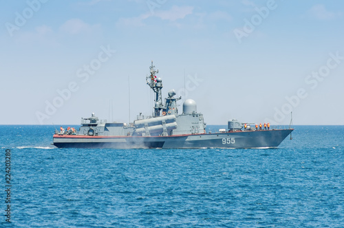 A warship in the sea. Russia, the Black Sea. Small missile ship of the Russian navy on the high seas