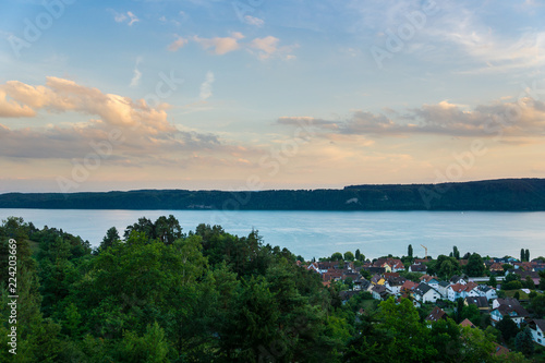 Germany, Lake constance in warm dawning light from above