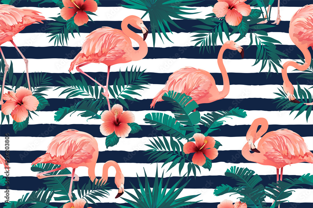 Naklejka premium Piękny Flamingo Ptak Tropikalne Kwiaty Tło. Wektor wzór.