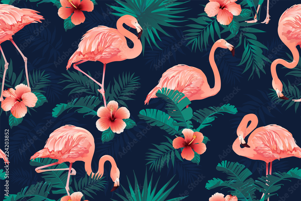 Fototapeta premium Piękny Flamingo Ptak Tropikalne Kwiaty Tło. Wektor wzór.