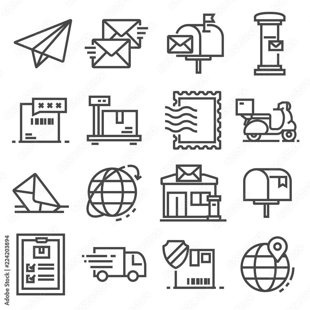 Vector line post service icons set on white background - obrazy, fototapety, plakaty 