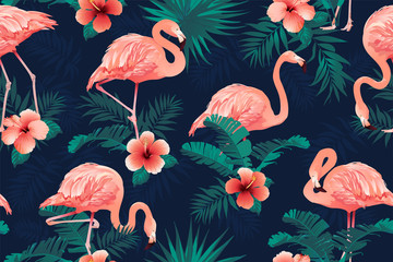 Fototapete Flamingomuster Flamingos mit Tropenblüten Muster  © Angelina Bambina