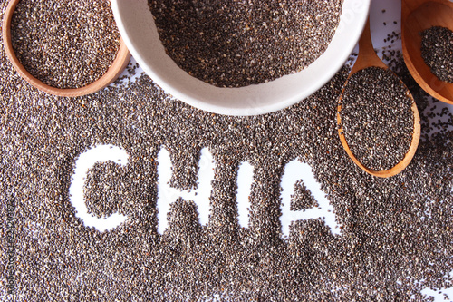 chia seeds on white background. Super food, useful supplements, proper nutrition.