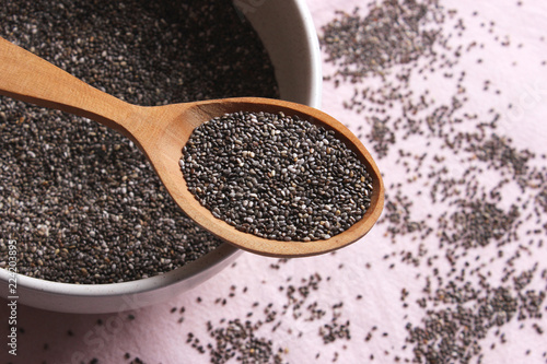 chia seeds on a wooden background. Useful supplements, super food, healthy food, veggie