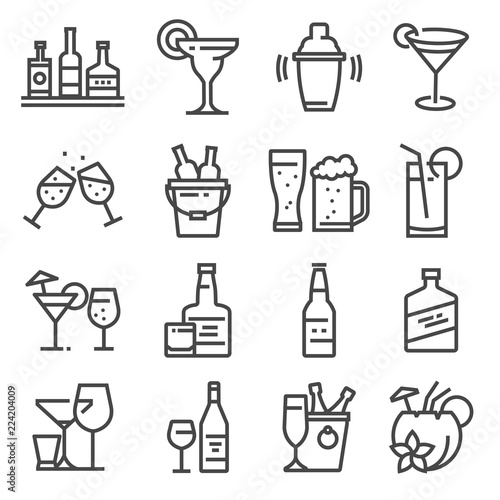 Vector line alcohol icons set on white background