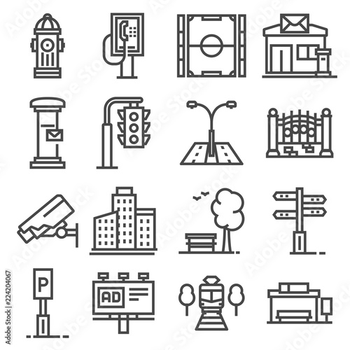 Vector line city elements icons set on white background
