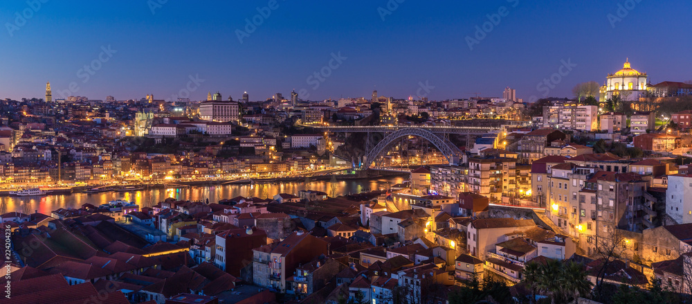 View of Porto's old town and the River Douro at night fall