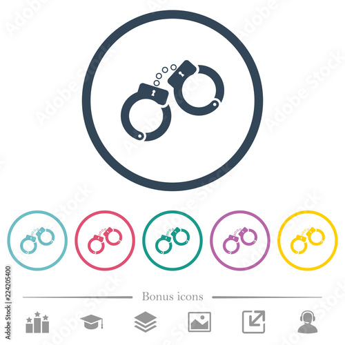 Handcuffs flat color icons in round outlines