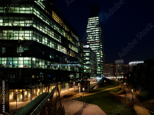 Milan's financial district offices lit up late at night. Italy
