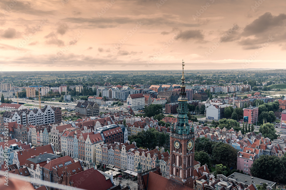 Cityscape aerial view, aerial skyline panorama with Motlawa river on the old town with saint Marys church on the sunset in Gdansk, Poland