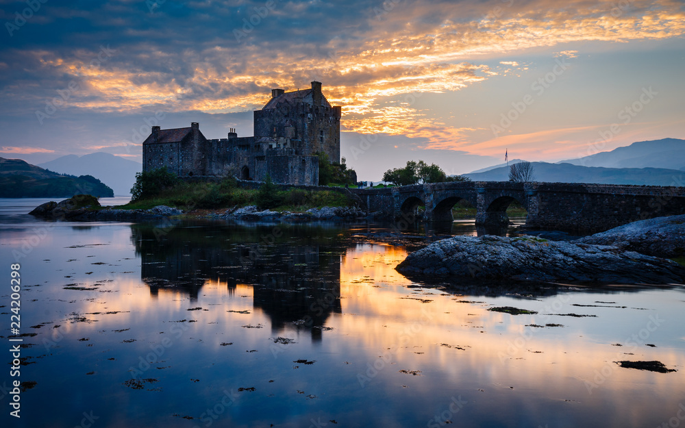 The Eilean Donan Castle  in Kintail region at sunset, Scotland
