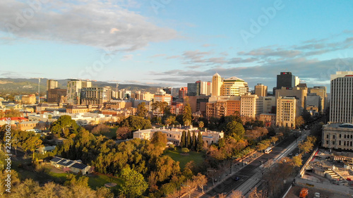 ADELAIDE  AUSTRALIA - SEPTEMBER 16  2018  Aerial view of city skyline at sunset. Adelaide is the main city of South Australia State
