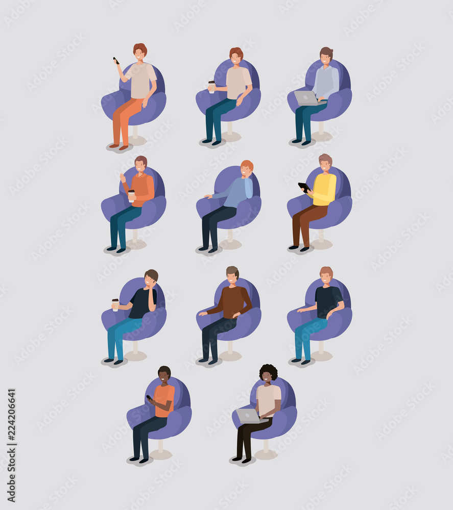 group of men using technology and drinking coffee group of men using technology and drinking coffee