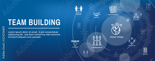 Team Building, Teamwork, - Connectivity Icon Set with Stick Figures and Intersections Web Header Banner