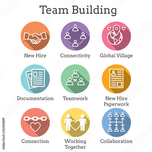 Team Building, Teamwork, and Connectivity Icon Set with Stick Figures and Intersections
