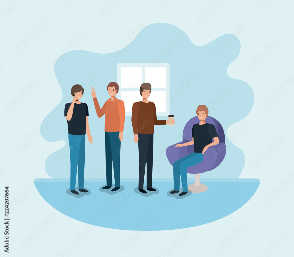 group of men using technology and drinking coffee group of men using technology and drinking coffee