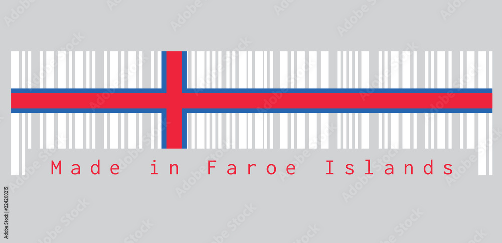 Barcode set the color of Faroe Islands flag, a blue-fimbriated red Nordic cross on a white field. text: Made in Faroe Islands. concept of sale or business.