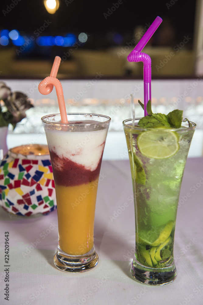 Non alcoholic fruit cocktail drink on table in restaurant Non alcoholic fruit cocktail drink on table in restaurant