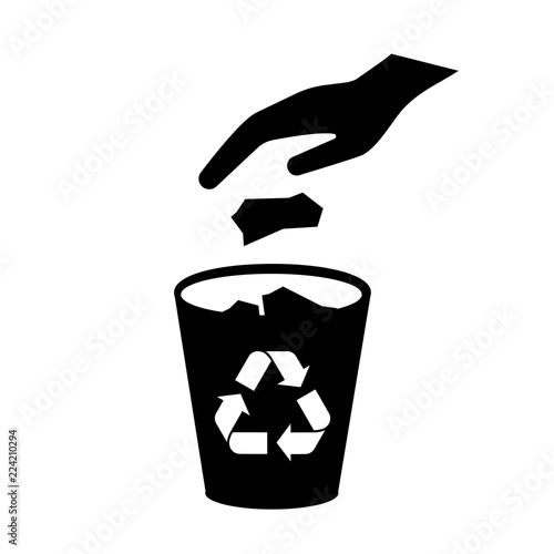 No littering icon. Hand throwing trash, garbage, waste in recycle bin. Vector Illustration