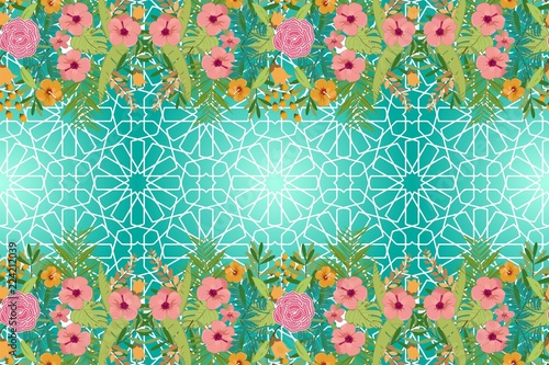 Abstract geometric mosaic pattern,Tropical flowers seamless horizontal on tiles zellij in Moroccan style, textured seamless illustration