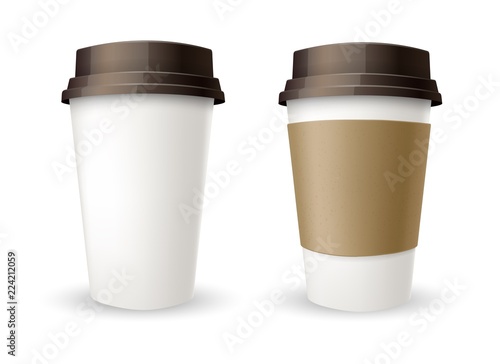 Takeaway coffee cup. Vector empty plastic coffe cup template with warm brown paper holder isolated on white background