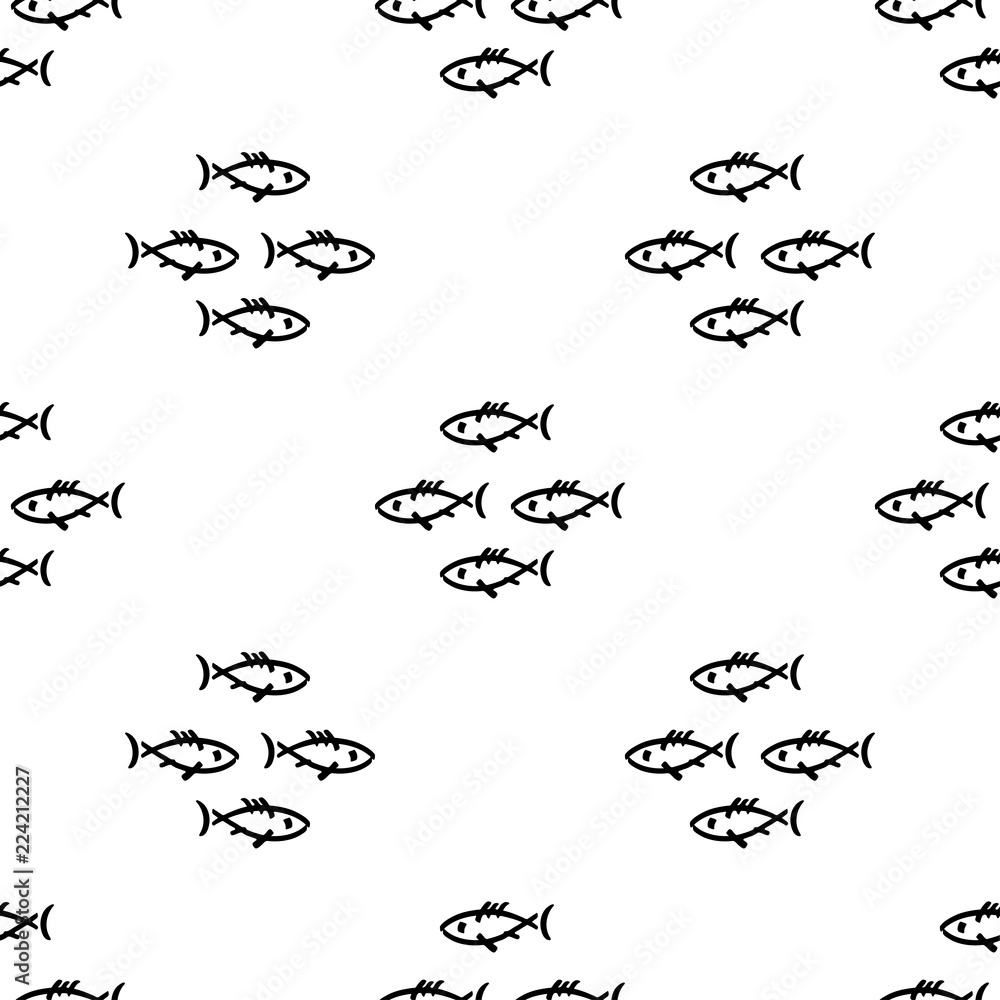 Flat monochrome vector seamless sea fish sketch pattern. Fabric textile summer pattern. Cute doodle pattern with underwater sea creatures. Vector illustration naive element wildlife nautical ornament.