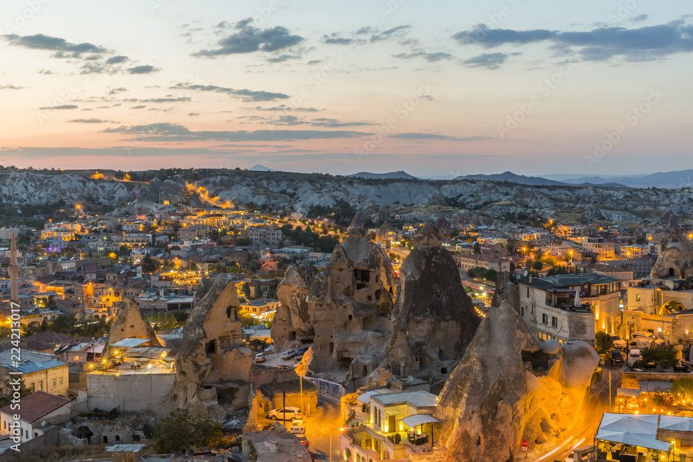 Goreme town in Cappadocia at sunset