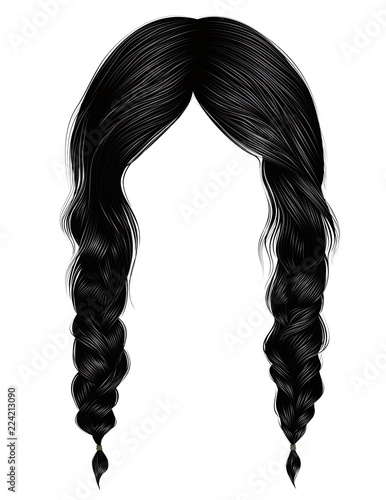 trendy women hairs brunette black colour .two plaits .  fashion beauty style .