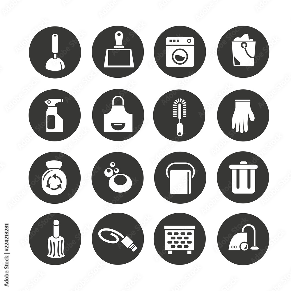 household and cleaning icon set in circle buttons