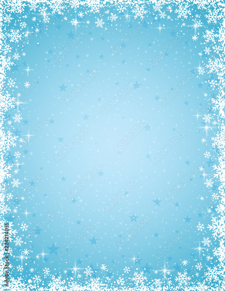 Fototapeta premium Blue christmas background with frame of white snowflakes, vector illustration