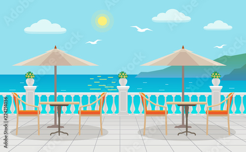 Cafe with tables under umbrellas with sea views. Summer, vacation.Vector illustration in flat style.