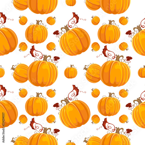 Seamless pattern with orange pumpkin and leafs. 