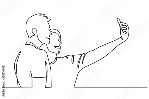 Continuous One Line Drawing of Selfie lover couple. Vector illustration portrait character of young man and woman, holding smartphone, making selfie photo