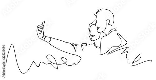 Continuous One Line Drawing of Selfie lover couple. Vector illustration portrait character of young man and woman, holding smartphone, making selfie photo with smile and happiness.