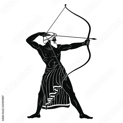 The hero of the ancient Greek myths Odysseus. Warrior with a weapon isolated on a white background. Archer with a bow in his hands.